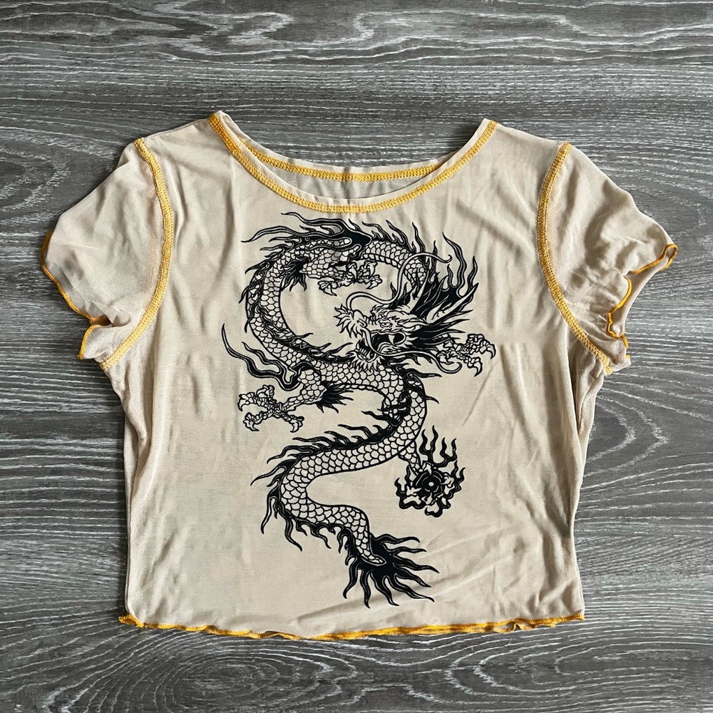 Dragon Print Beige Mesh Baby Tee